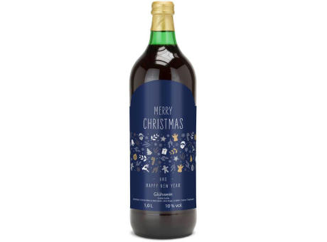 Glühwein - Flasche grün, mit Schraubverschluss, 1 l - Motiv: Merry Christmas (blau)