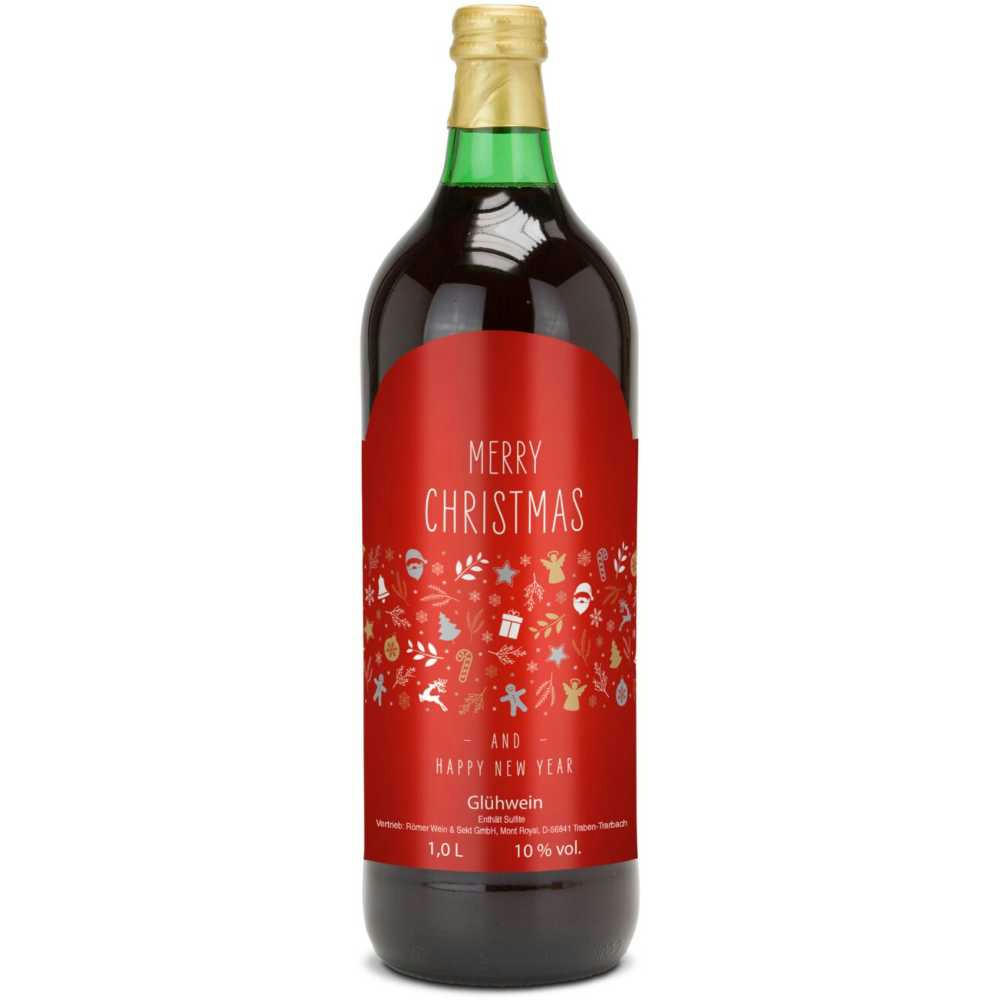 Glühwein - Flasche grün, mit Schraubverschluss, 1 l - Motiv: Merry Christmas (rot)