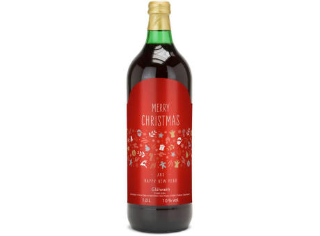 Glühwein - Flasche grün, mit Schraubverschluss, 1 l - Motiv: Merry Christmas (rot)