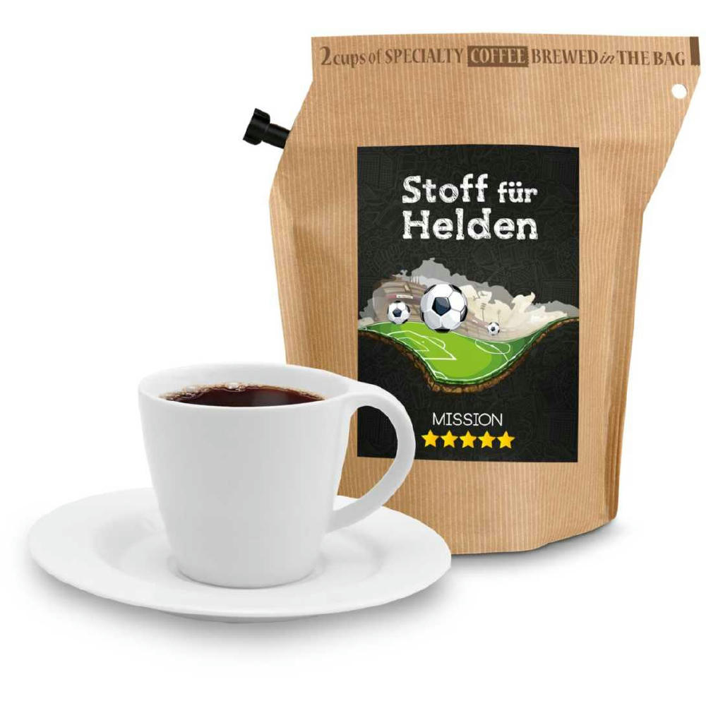 Geschenkartikel / Präsentartikel: WM-Kaffee Stoff für Helden, wiederverwendbarer Brühbeutel mit Fairtrade Kaffee aus Honduras