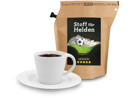 Geschenkartikel / Präsentartikel: WM-Kaffee Stoff für Helden, wiederverwendbarer Brühbeutel mit Fairtrade Kaffee aus Honduras