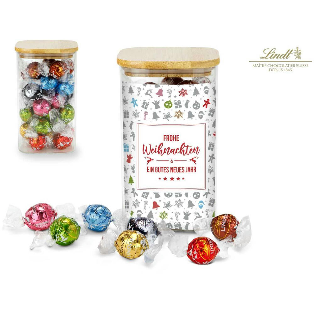 Geschenkset / Präsenteset: Lindor Team-Glas Frohe Weihnachten mit 35 Lindt Lindorkugeln