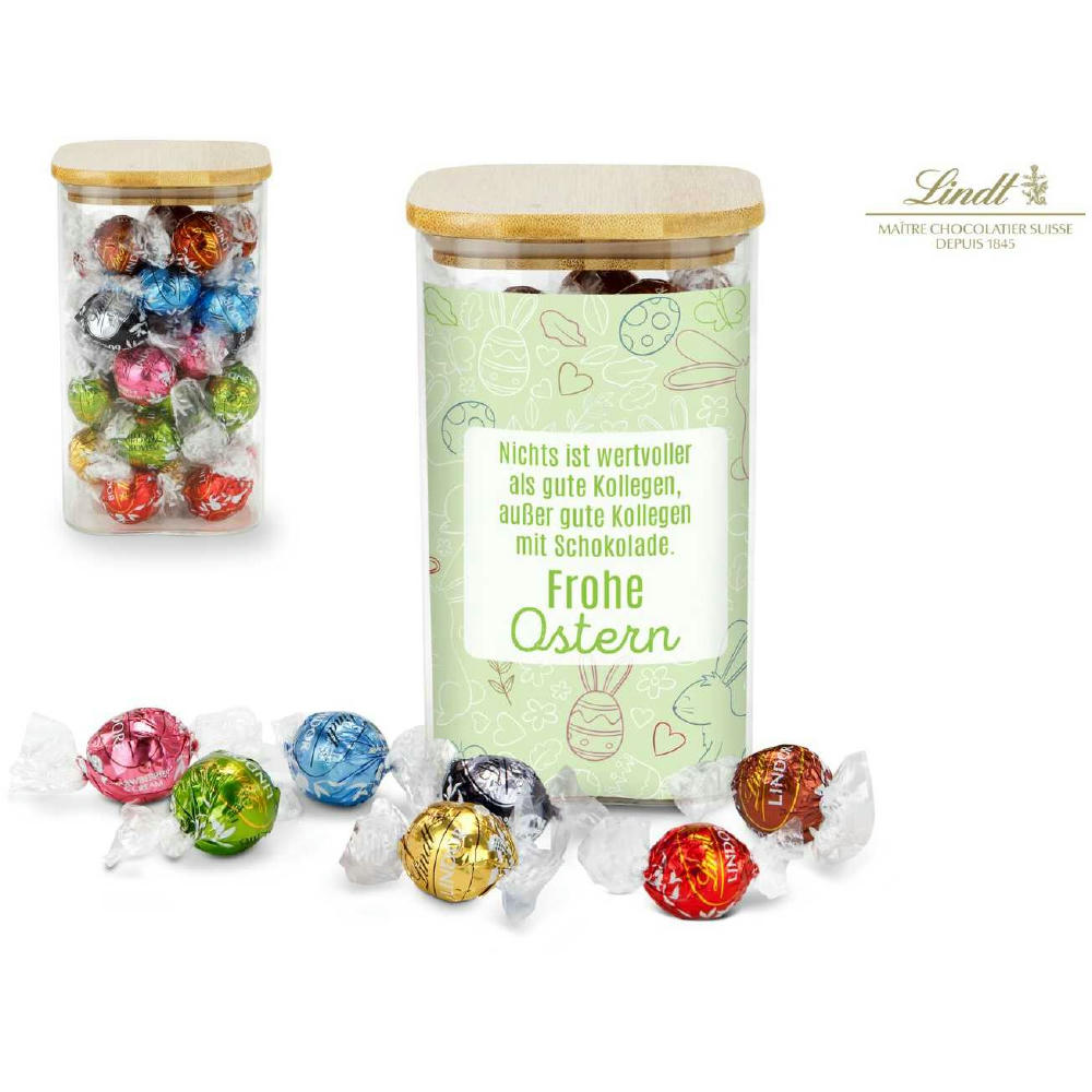 Geschenkset / Präsenteset: Lindor Team-Glas Frohe Ostern mit 35 Lindt Lindorkugeln