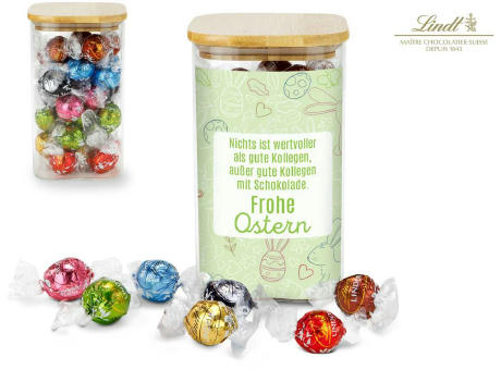 Geschenkset / Präsenteset: Lindor Team-Glas Frohe Ostern mit 35 Lindt Lindorkugeln