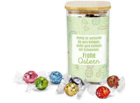 Geschenkset / Präsenteset: Lindor Team-Glas Frohe Ostern mit 35 Lindt Lindorkugeln