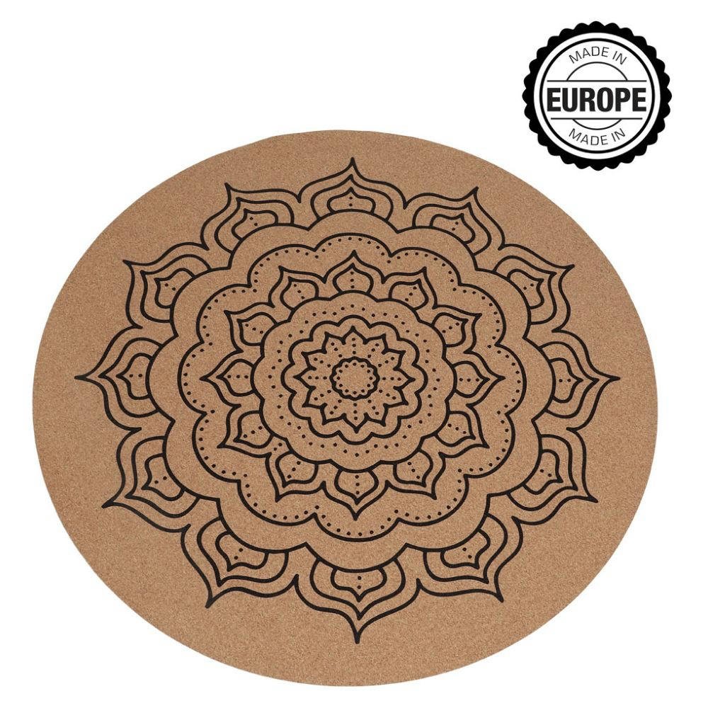 Runde Yogamatte Kork natur mit Mandala - "Made in Europe"