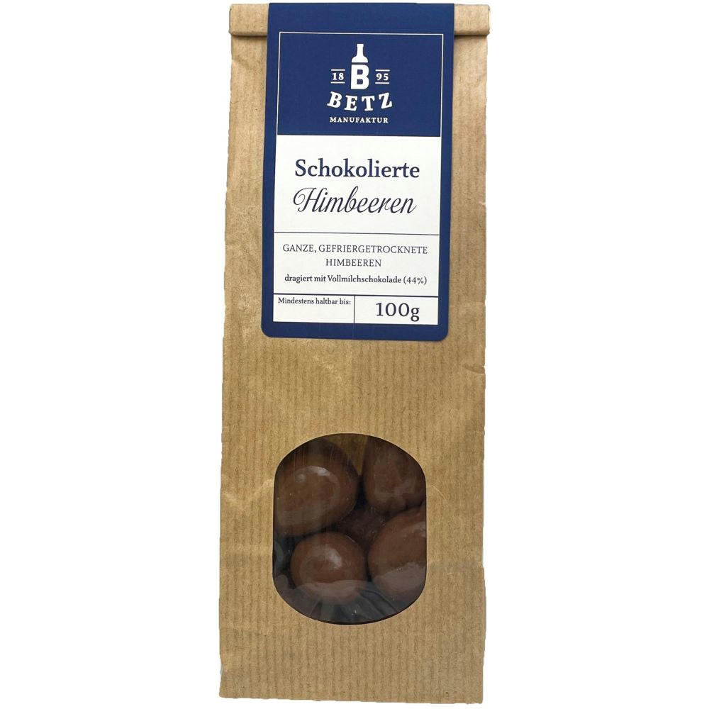 Schokolierte Himbeeren mit Vollmilchschokolade,  80 g in Präsentkartonage