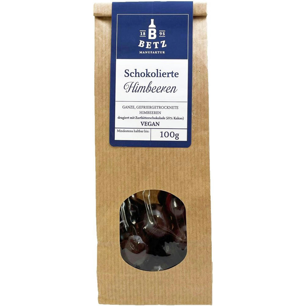 Schokolierte Himbeeren mit Zartbitterschokolade 80 g VEGAN in Präsentkartonage