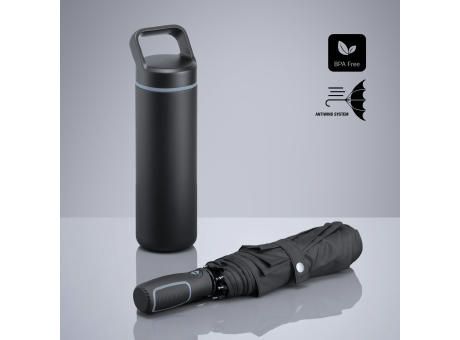 Outdoor Set: Edelstahl-Trinkflasche 650 ml und Automatikschirm