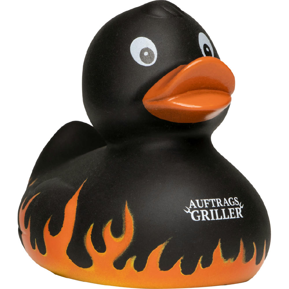 Quietsche-Ente Flammen mit Slogan Auftragsgriller
