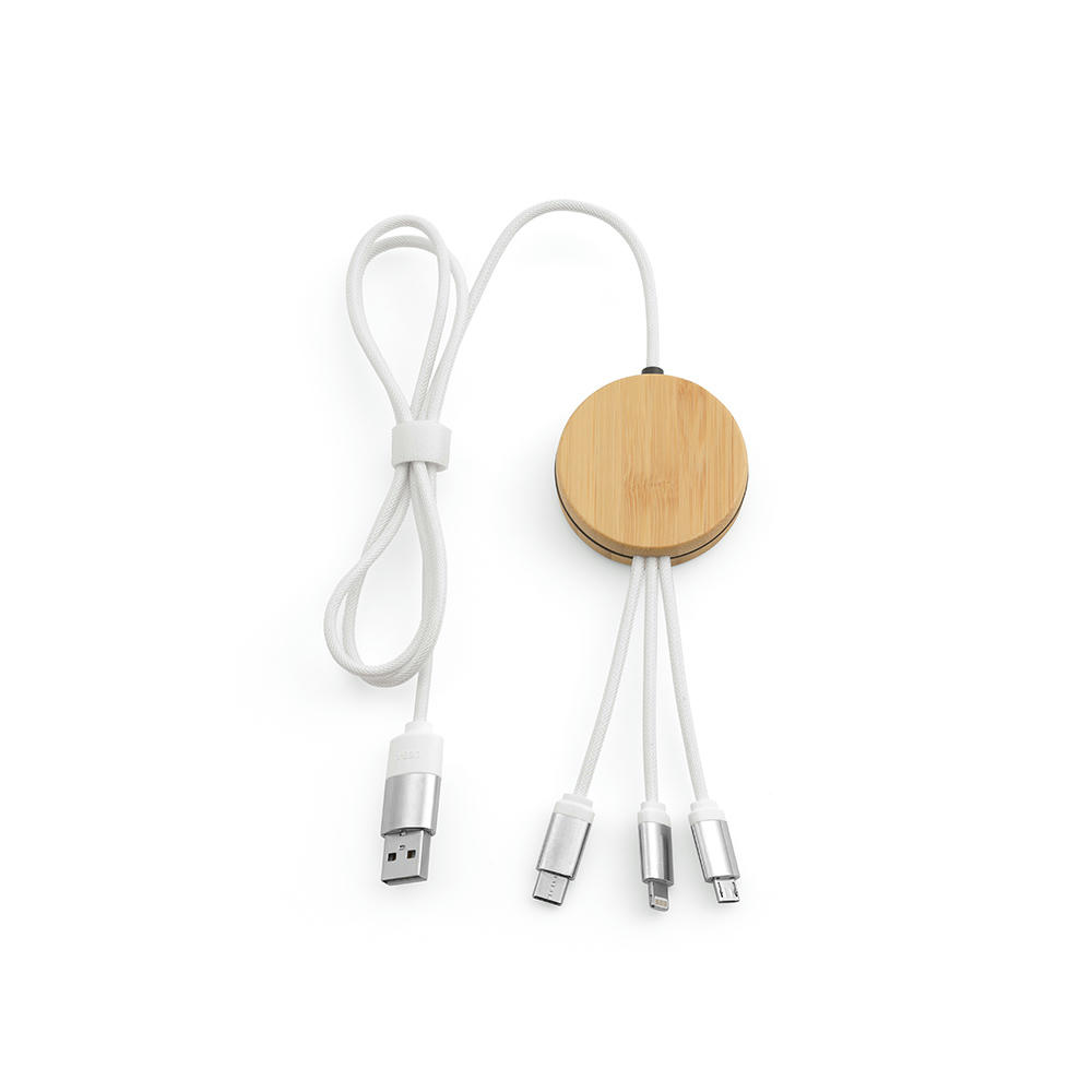 Feynman 5-in-1 Kabel aus Bambus und rPET. Mit hinterleuchtetem Logo