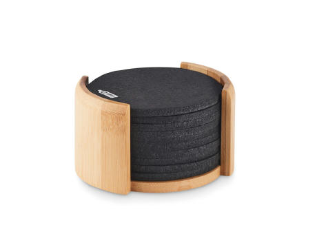 RPET coasters in bamboo holder