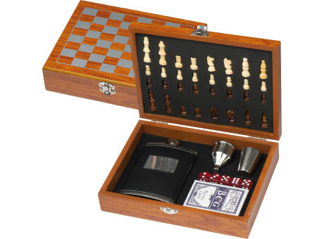 Spieleset mit Flachmann, Schach- und Kartenspiel