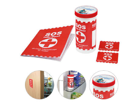 SOS-Info-Dose mit Standardbanderole und Deckaufkleber