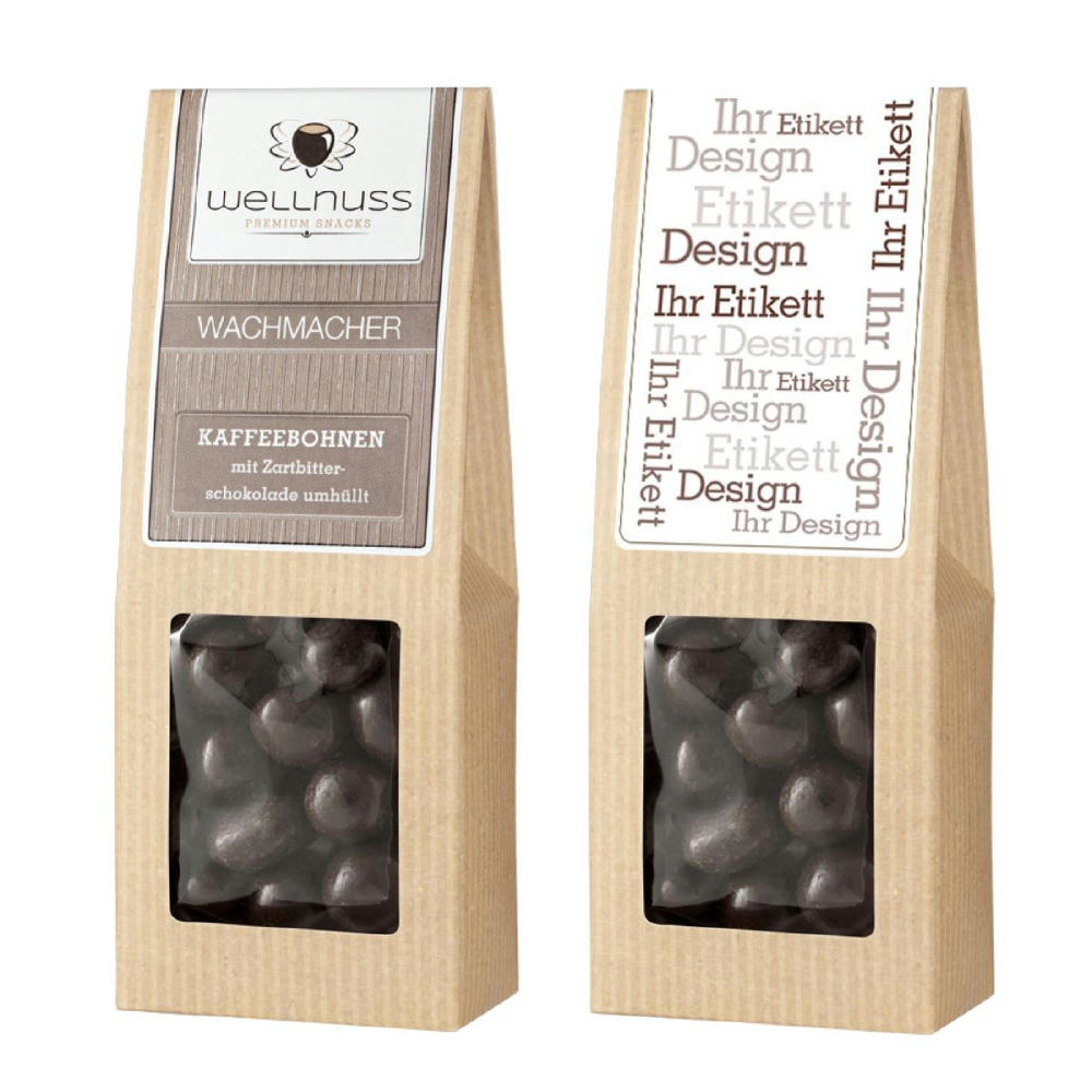 Kaffeebohnen mit Zartbitterschokolade umhüllt in der Faltschachtel