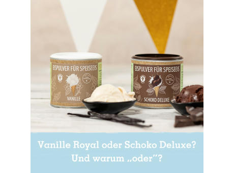 Eismixglas und Eispulver im bedruckten Geschenkkarton