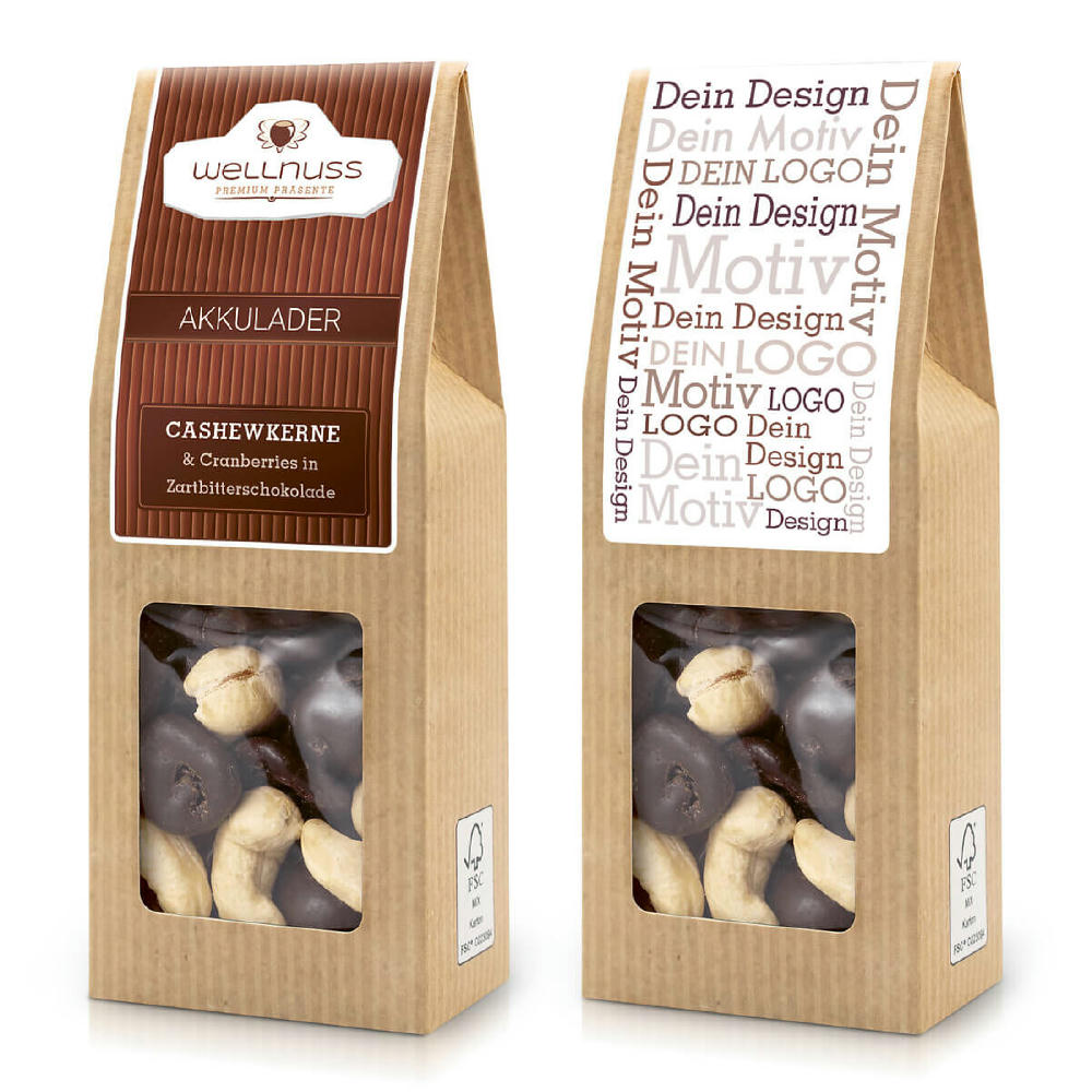 Faltschachtel - Akkulader - Cranberries in Zartbitterschokolade & Cashewkerne
