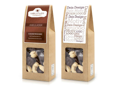 Faltschachtel - Akkulader - Cranberries in Zartbitterschokolade & Cashewkerne