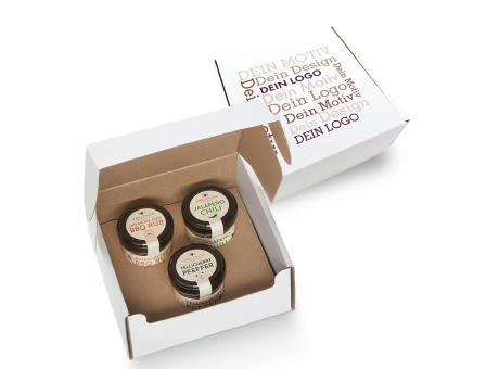 Geschenkkarton mit 3 Gourmet Gewürzen im Glas