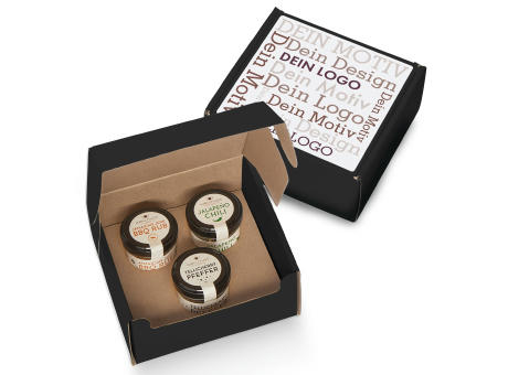 Geschenkkarton mit 3 Gourmet Gewürzen im Glas