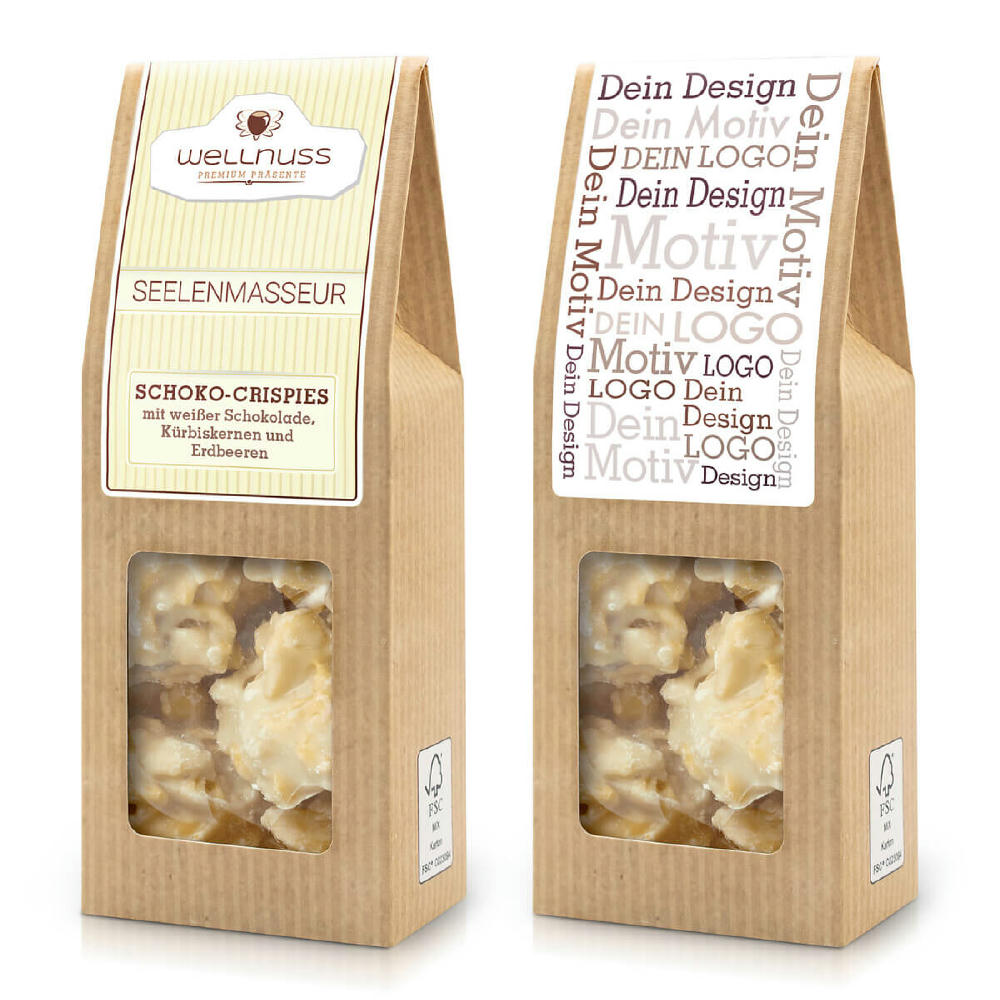 Faltschachtel - Seelenmasseur - Schoko-Crispies mit weißer Schokolade, Kürbiskernen und Erdbeere