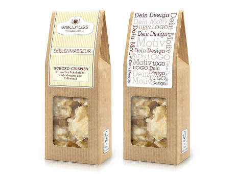 Faltschachtel - Seelenmasseur - Schoko-Crispies mit weißer Schokolade, Kürbiskernen und Erdbeere