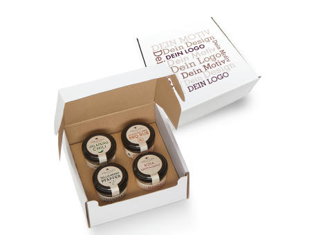 Geschenkkarton mit 4 Gourmet Gewürzen im Glas
