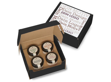 Geschenkkarton mit 4 Gourmet Gewürzen im Glas