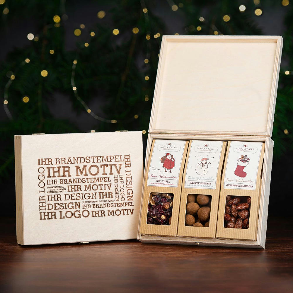 3 Premium Snacks in der Birkenholzbox - Weihnachts-Edition