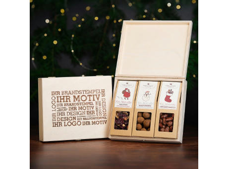3 Premium Snacks in der Birkenholzbox - Weihnachts-Edition
