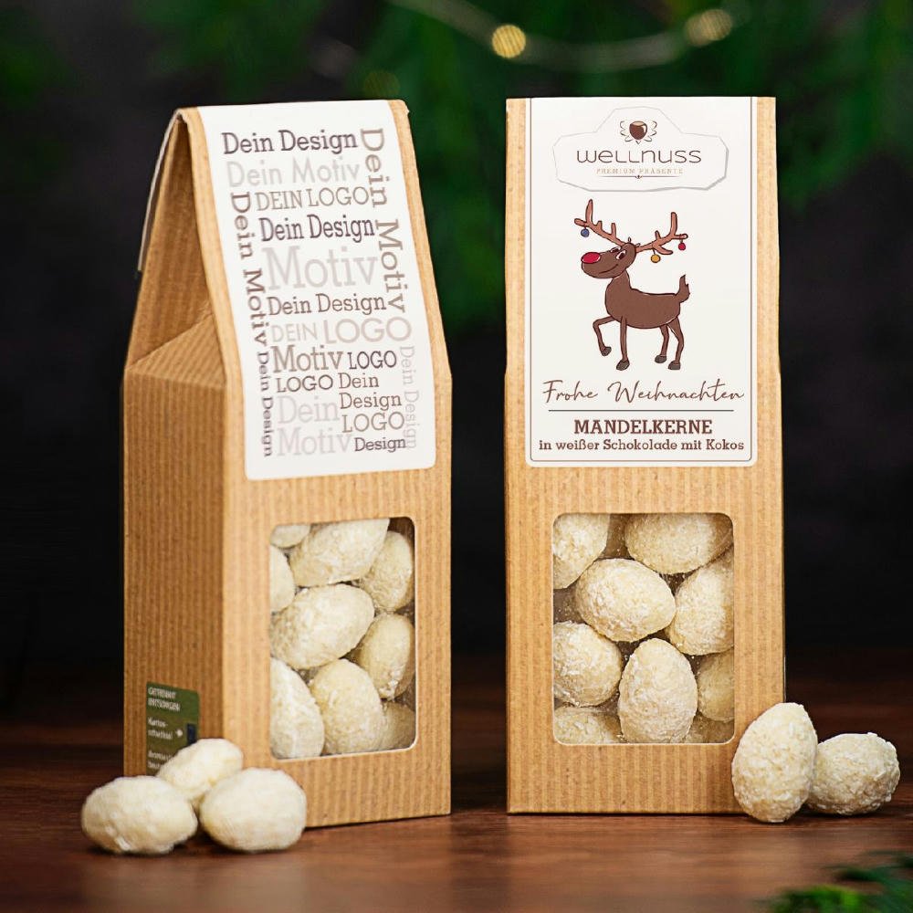 Weihnachts-Edition - Faltschachtel -Kokosmandeln in weißer Schokolade