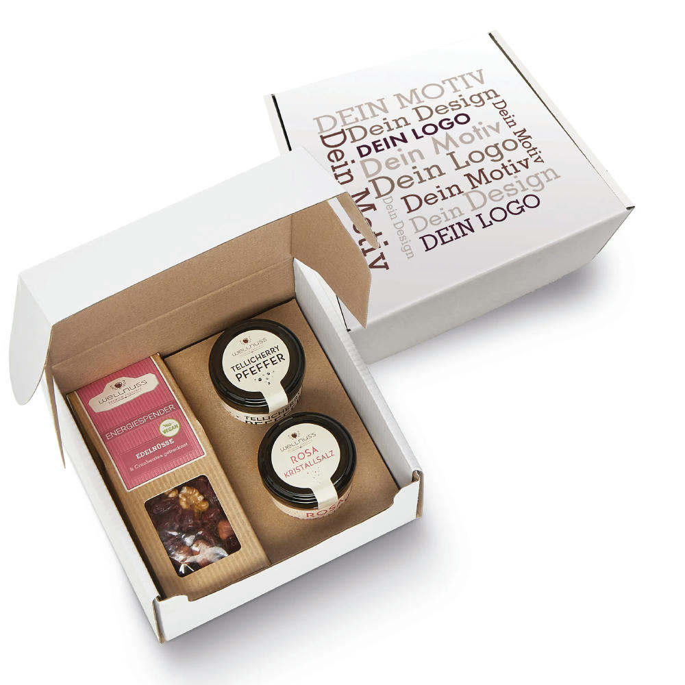 Geschenkkarton mit 1 Faltschachteln und 2 Gourmet Gewürzen im Glas