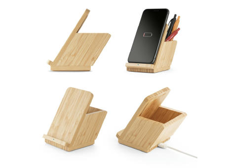 LEAVITT. Soporte para smartphone y porta bolígrafo con cargador inalámbrico rápido de 10 W en bambú