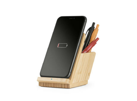 LEAVITT. Soporte para smartphone y porta bolígrafo con cargador inalámbrico rápido de 10 W en bambú