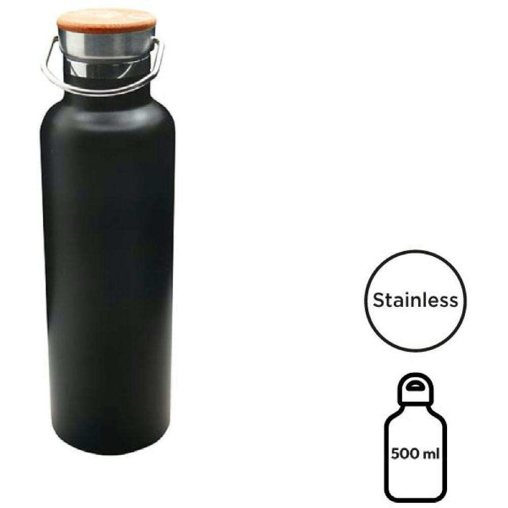 Doppelwandige Flasche 'Arima', schwarz, Bambusdeckel, 500 ml