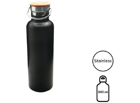 Doppelwandige Flasche 'Arima', schwarz, Bambusdeckel, 500 ml