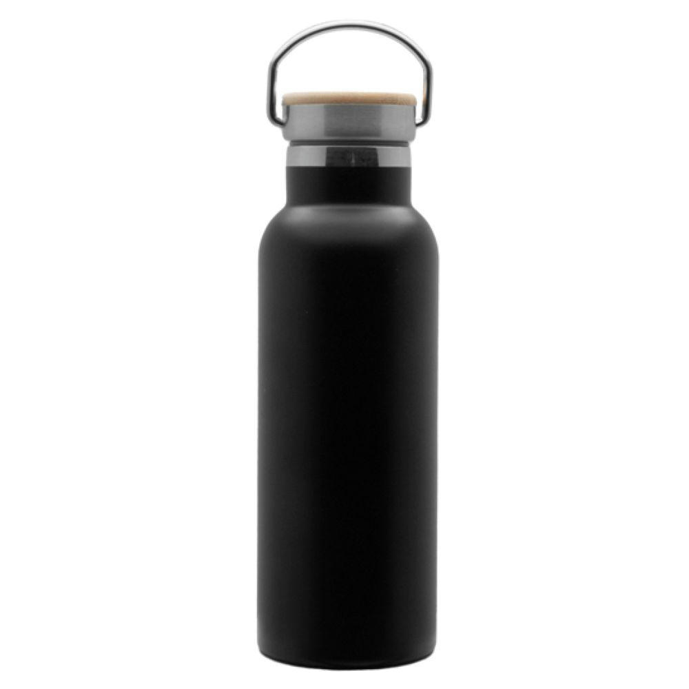 Doppelwandige Flasche 'Arima', schwarz, Bambusdeckel, 500ml