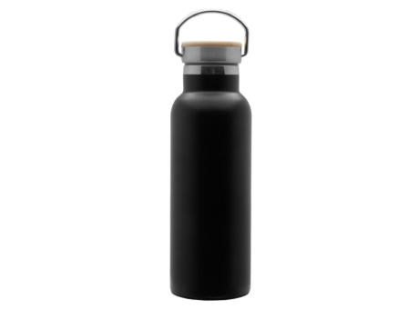 Doppelwandige Flasche 'Arima', schwarz, Bambusdeckel, 500ml