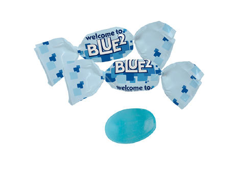 Blaues Bonbons im kompostierbaren Werbewickel