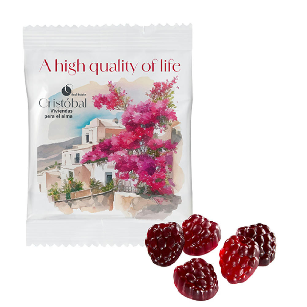 Veganes -80% Zucker Fruchtgummi im kompostierbaren Tütchen